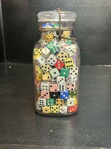 Antique A G Smalley 1896 Embossed Glass Royal Jar Quart Filled W/ Vintage Dice!