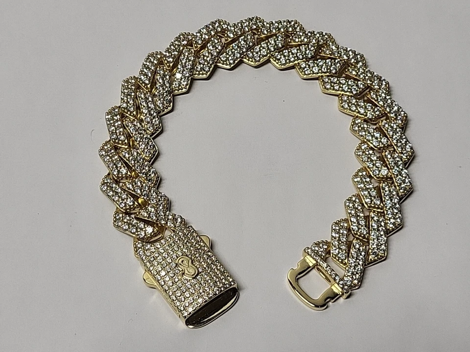 Brazalete de eslabones cubanos de oro de 14k sobre plata de ley piedras circonitas heladas 15 mm 70 gr Foto 4 de 4