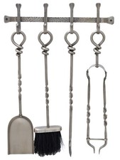 SET 4 WALL HUNG COMPANION FIRE TOOLS HEAVY DUTY ANTIQUE PEWTER FINISH FIREPLACE