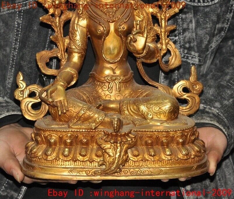 12"Tibetan Buddhism temple Bronze Gilt green Tara Kwan-Yin Guanyin Buddha statue - Image 3 of 4
