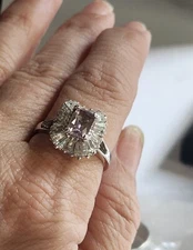 925 Sterling Silver Ring Sz 8 Lt Pink Center Stone With Baguettes Signed Tjt 925