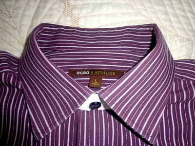 bcbg attitude dress shirt BCBG ATTITUDE Dress Shirt Men's L 16/34 Modern Fit Burgundy Striped Modern