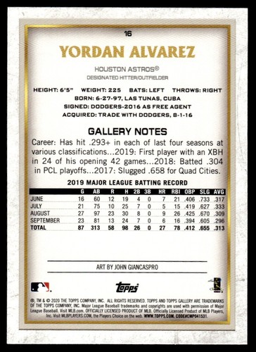 2020 TOPPS GALLERY ROOKIE YORDAN ALVAREZ R13 - Picture 2 of 2