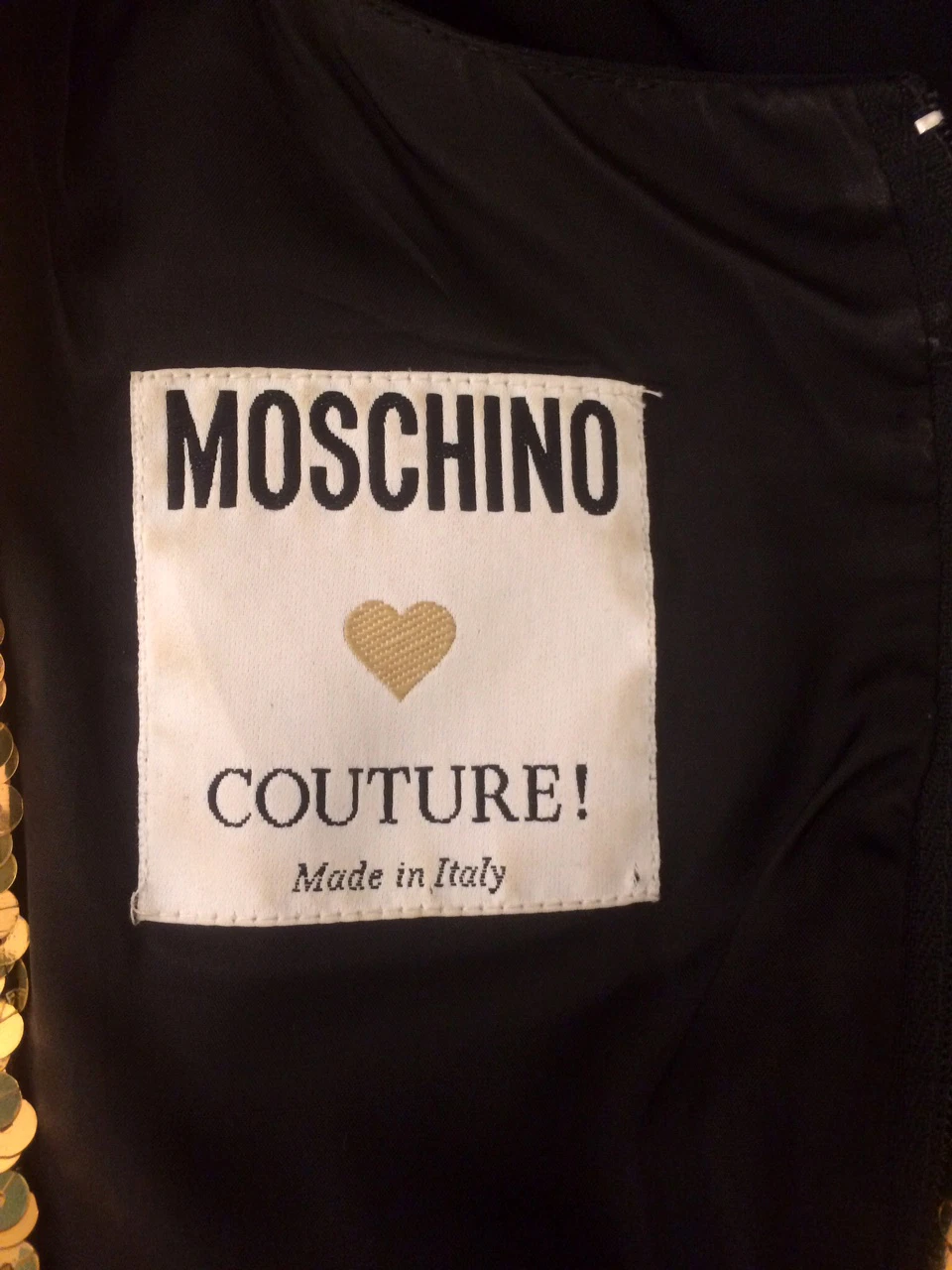 Moschino Couture! Abito a tubino vintage anni 90 VIP nero e oro con paillettes XS 2 4 38 40