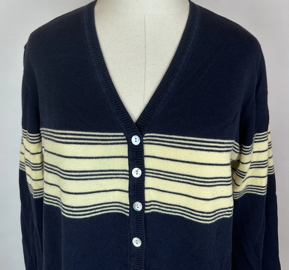 Cárdigan Suéter Vintage Años 90 Para Mujer M Azul Marino Amarillo Mantequilla Rayas Minimalista Foto 4 de 4