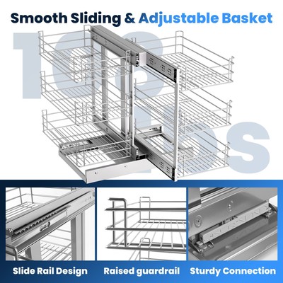 Dish Dry Rack Shelf Steel Pull Basket, 3 Tier 6 Shelf Kitchen Cabinet Organizer