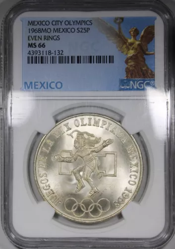 1968Mo Mexico Silver 25 Pesos NGC MS66 Even Rings Mexico City Olympics