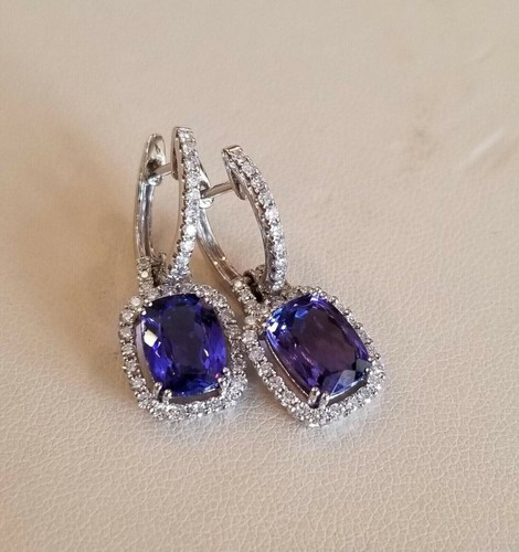 3Ct Cushion Cut Lab Created Tanzanite Drop Dangle Earrings 14K White Gold Plated - Picture 6 of 6
