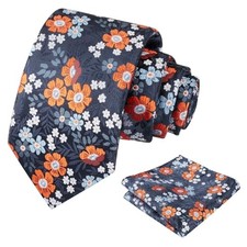Mens 3.15'' Natural Flower Pattern Tie with Floral Pocket 146-navy Blue orange