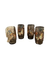 Vintage Libbey Tawny Smoke Brown Garden Butterfly Drinking Glasses Set Of 4 EUC