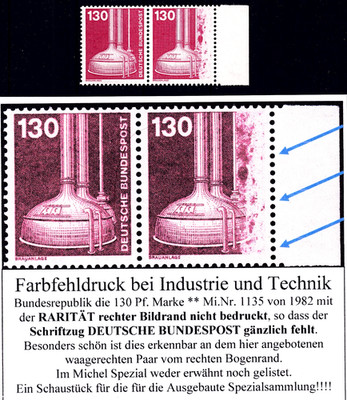   Bund Druck Abart Mi. Nr. 1135 waag. Paar rechter Rand mit Teildruck RARITÄT !!