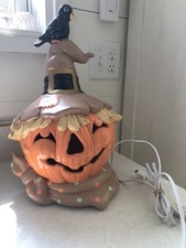 Jack O Lantern Vtg 80 s Scarecrow Hat Painted Ceramic Halloween Mold Lamp Light