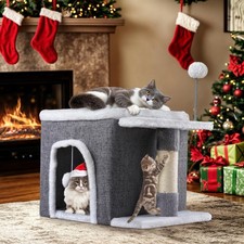 Cat Bed For Indoor Cats Cube House, Covered Cat House With Fluffy Ball Hanging A