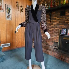 Vtg 80s New Wave Tuxedo Flocked Velvet Evening Cocktail Party Cropped Jumpsuit S