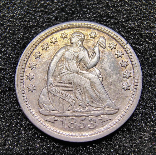 1853 Seated Liberty Half Dime - w/ Arrows  - Die Clash  Off-Center - VF-XF Det