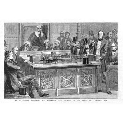 Mr Gladstone Attacking Mr Disraeli's First Budget - Antique Print 1880