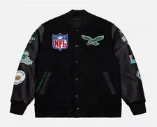 Men's Black Varsity Bomber Jacket  Wool Body & Leather Sleeves  Winter Streetw