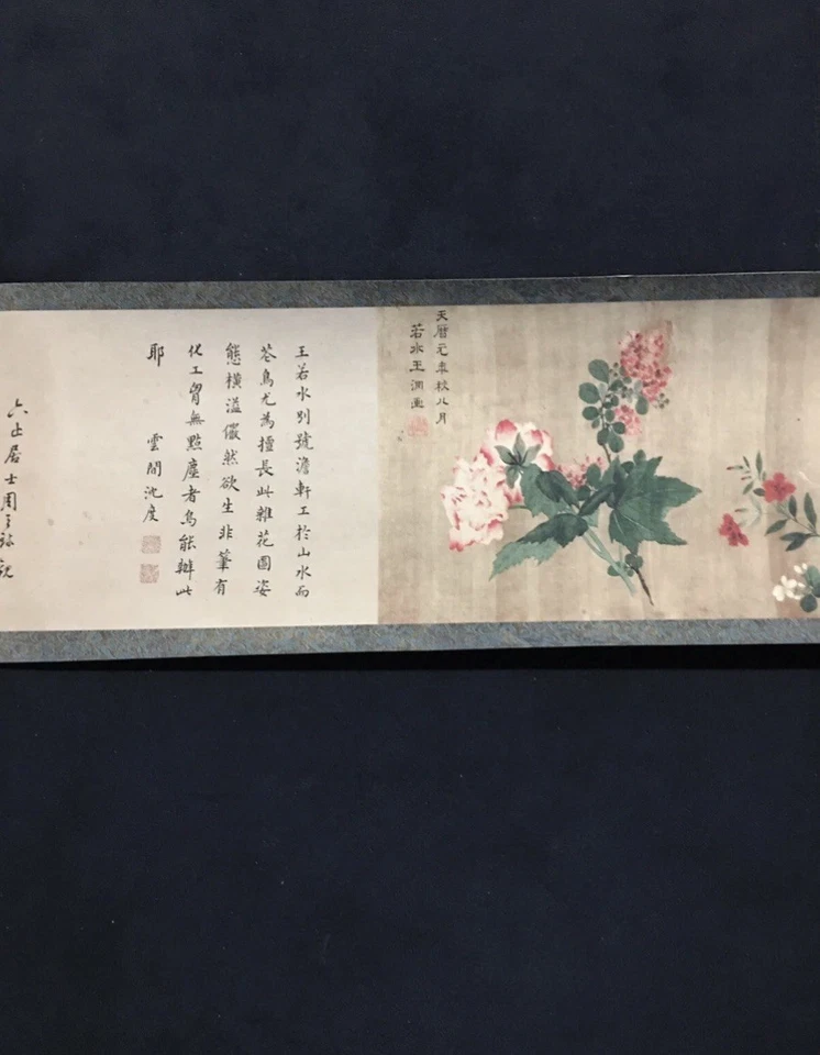 Pintura larga de pergamino chino antiguo "ChaHuaTu" con caja de madera 茶花图 Foto 3 de 4