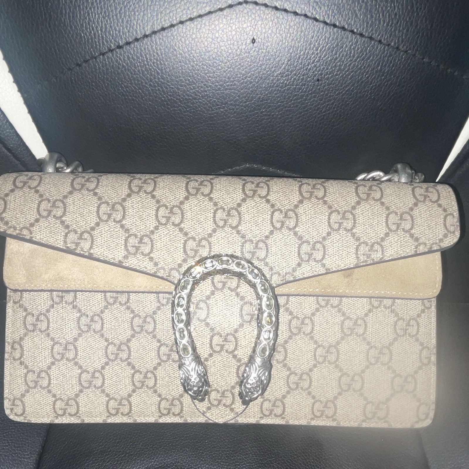 Gucci GG Pattern Dionysus Beige Shoulder Bag Chain Strap Silver Hardware
