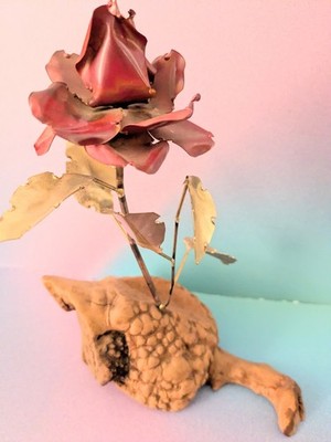 Vintage Copper Metal Rose Sculpture Mounted on Burl Wood Red Flower Gold 8 1/2 