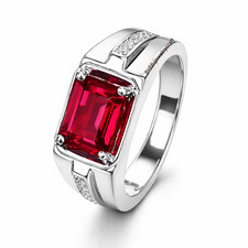 Mens Ruby Red Emerald Cut Ring 925 Sterling S...