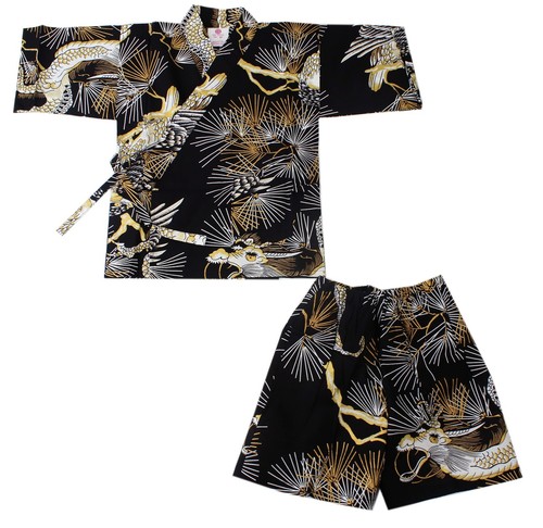 Boy's Kids Jinbei Yukata Robe Kimono for Summer - Dragon & Hawk Black - Picture 11 of 18