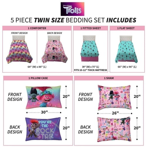 Franco Kids Bedding Trolls World Tour Twin Comforter and Sheet Set with Sham,... - Picture 3 of 5