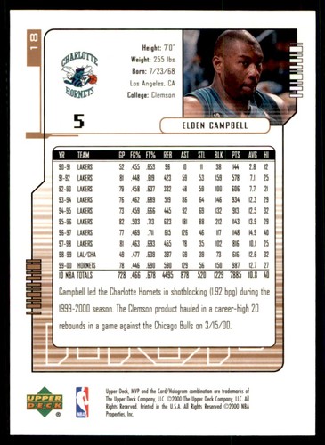 2000-01 Upper Deck MVP Elden Campbell Charlotte Hornets #18 - Picture 2 of 2