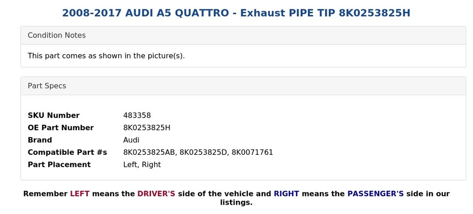 AUDI A5 QUATTRO 2008-2017 - Punta de tubo de escape 8K0253825H Foto 4 de 4