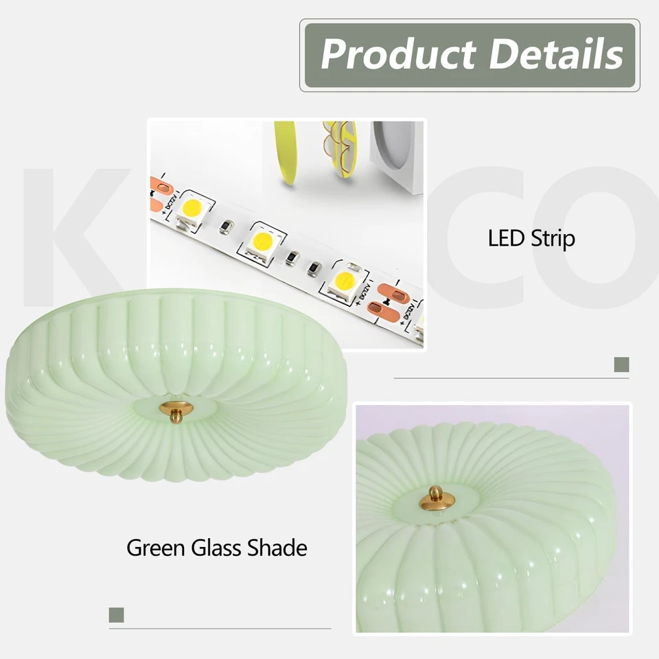 Iluminación Lámpara de techo de montaje empotrado de vidrio verde nórdico vintage redonda semi empotrada M Foto 3 de 4