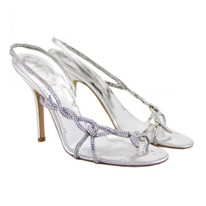 Rene-Caovilla-Silver-Metallic-Leather-Crystal-Slingback-Heels-Size-38-5-NEW