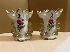 Pair 19C French Old Paris Porcelain Hand Painted Gold Decorated Mantle Vases 