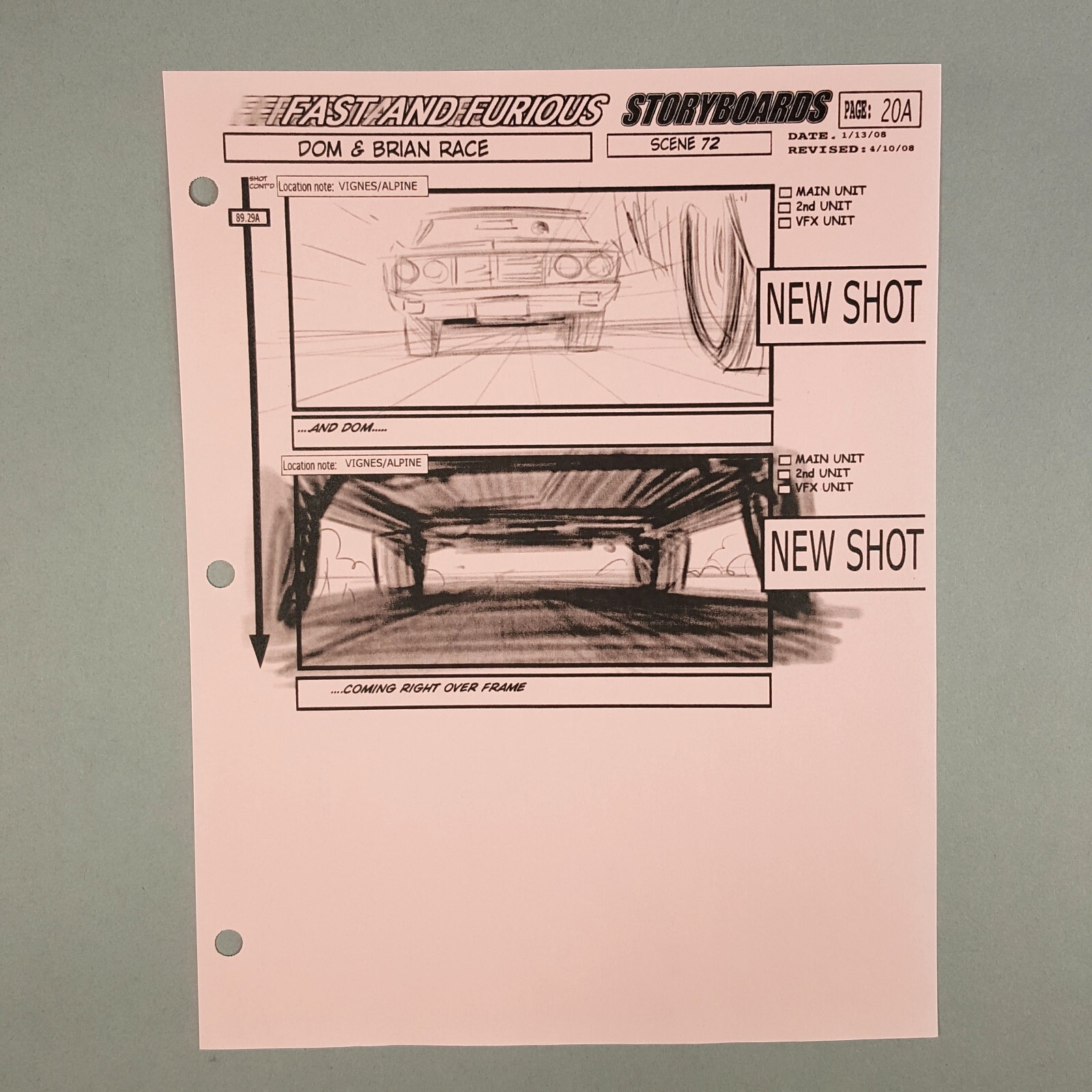 Image 2 of Fast and Furious 4 Production Used Storyboard, Dom Roars to Camera in Chevelle