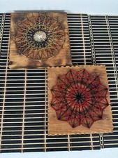 Handmade Geometric Flower String Wooden Wall Art Home Decor 7.5x8" Lot of 2 MCM