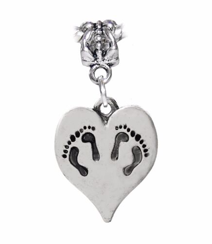 Twins Footprint Heart Brothers Sisters Babies Dangle Charm for European Bracelet - Picture 1 of 5