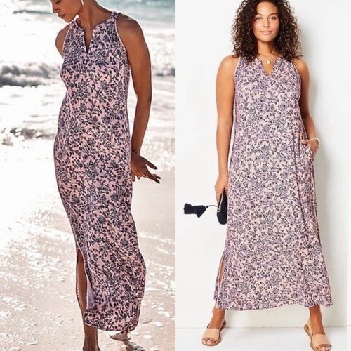 J. Jill Island Breeze Maxi Side Slit Halter Halter Shift Pink Blue Floral Dress