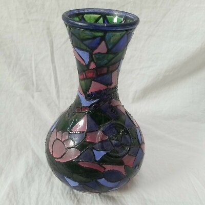 Mosaikoptik Vase Buntglasoptik Abstrakt Glas Vase Blau Grün 8,5'' Hoch