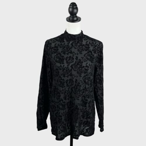 Torrid Flocked Mesh Mock Neck Long Sleeve Top 1X 14/16 Sheer Floral Black NEW