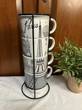 Signature Housewares Stoneware Paris Stacking Coffee Mug Cup Set With Rack