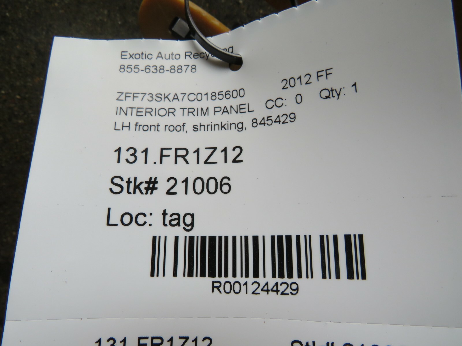 Ferrari FF, LH, Left, Front Roof Interior Trim Panel, Used, P/N 845429