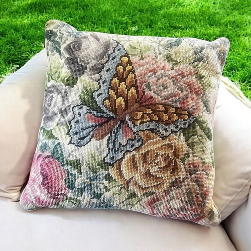 Handmade Needle Point Floral Butterfly Accent Pillow 16” x 16” - Picture 1 of 9