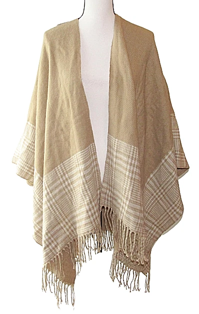 Charter Club Tan Cardigan Fringe Plaid Trip Poncho Wrap Sweater