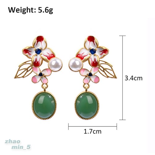 Women's Green Jade Flower Earring Crystal Pearl Stud Earrings Gold Tone Jewelry - Picture 4 of 4