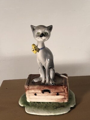 Vintage Cat Sitting On Suitcase Porcelain Figurine Signed Zampiva