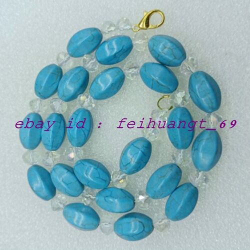 10x16mm Blue Turquoise & 4x6mm White Faceted Crystal Gemstone Beads Necklace 20" - Afbeelding 1 van 6