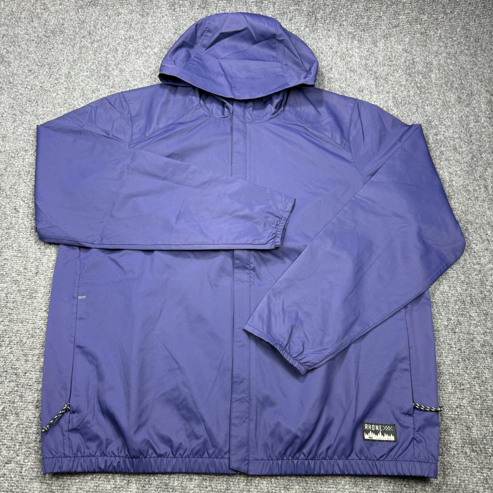Rhone Jacket Mens Large Blue Full Zip Hood Packable Shell Waterproof Elastic Hem