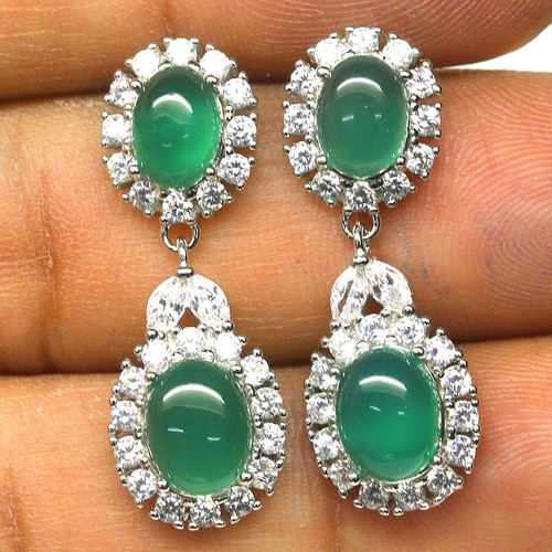 Giff For Her 925 Sterling Silver 6 x 8 mm. Green Agate & Zircon Earrings