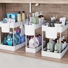 3 Pack Under Sink Organizers and Storage, 2 Tier Bathroom Cabinet Organizer Shel