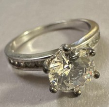 Sterling Silver 925 CZ Engagement Ring Solitaire With Accents 6.5mm Round Size M