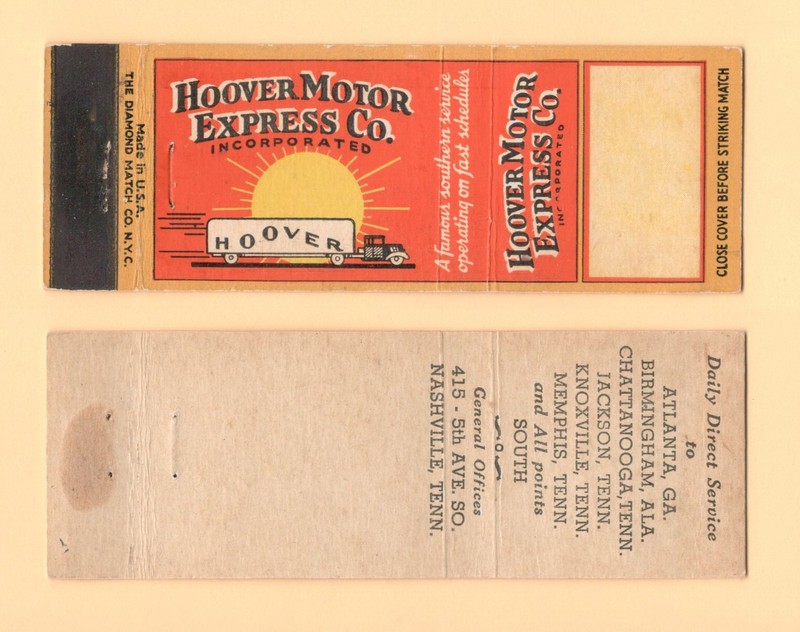 HOOVER MOTOR EXPRESS CO NASHVILLE TENN MATCHBOOK COVER
